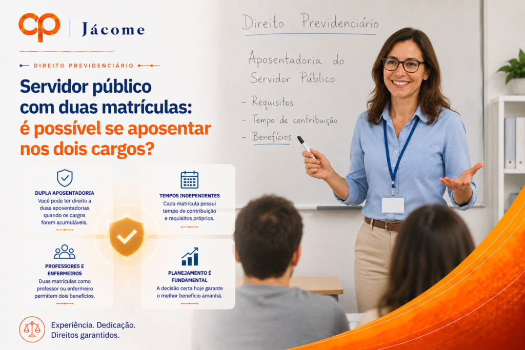 O servidor público que possui duas matrículas pode, em determinadas situações, ter direito a duas aposentadorias. No entanto, cada vínculo possui regras, requisitos e cálculos próprios, o que exige uma análise individualizada. Além disso, decisões como averbação de tempo de contribuição e escolha da regra de aposentadoria podem influenciar diretamente o valor dos benefícios. Neste artigo, explicamos quando a dupla aposentadoria é possível, quais cuidados devem ser observados e como o planejamento previdenciário pode evitar prejuízos. Servidor público: aposentadoria com duas matrículas, é possível?